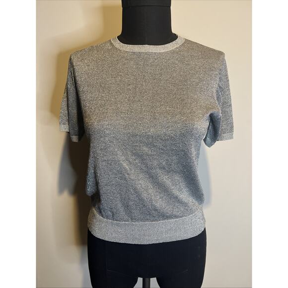 August Silk Silver Sparkly Knit Top Pullover Small Silk Blend - Picture 1 of 6